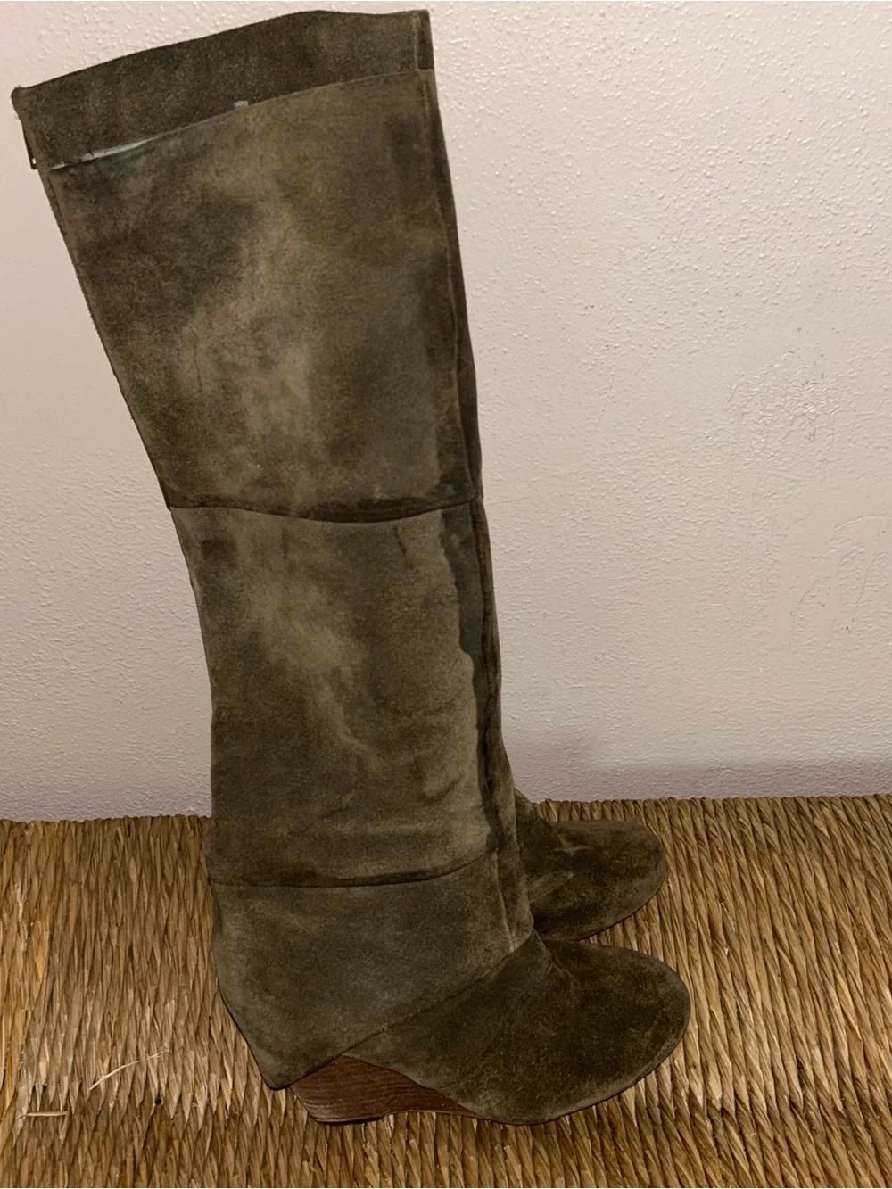 Fergie y2k Olive Green fold over Suede Over-the-Knee Wedge Boots